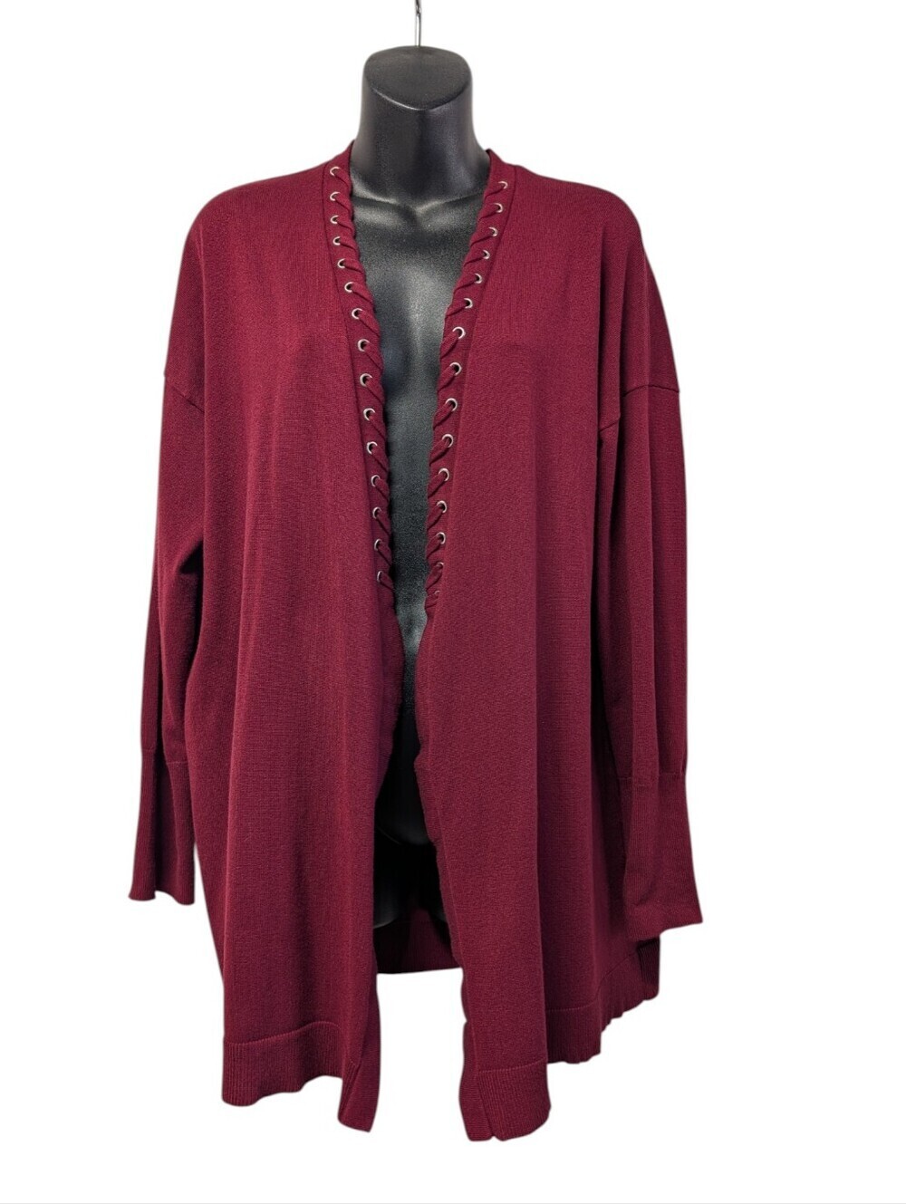 A&J Women's Burgundy Sweater Cardigan Braided Criss-Cross Trim Open Front Size L